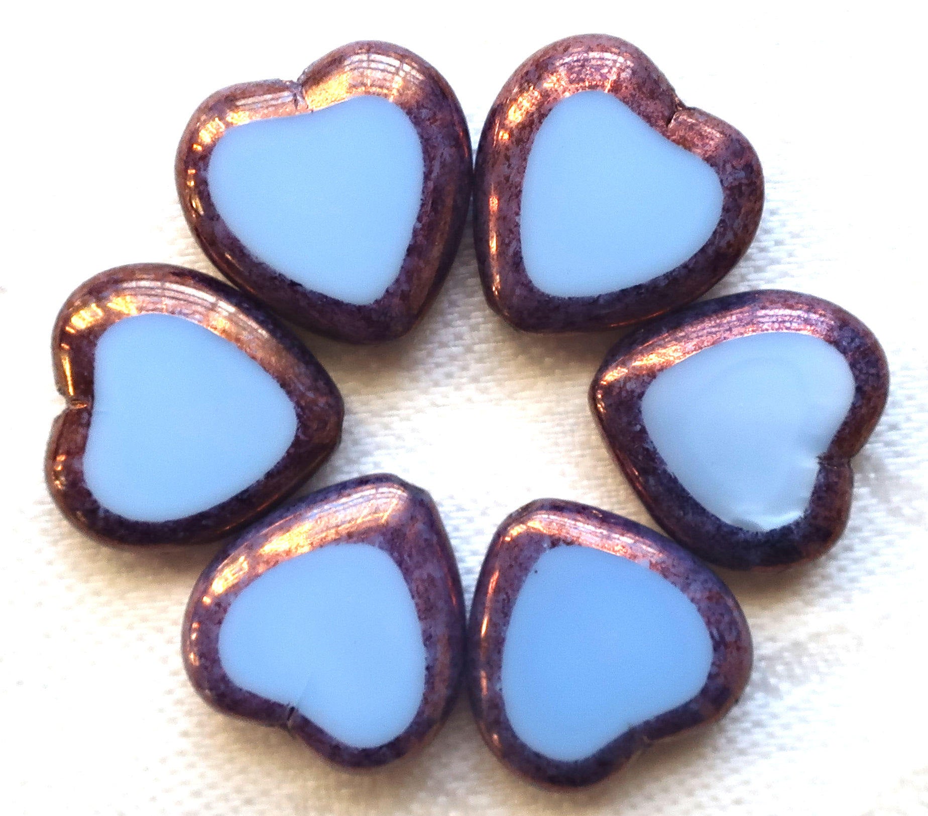 Six large Czech glass heart beads; 16mm table cut, opaque, sky blue hearts with bronze picasso finish C62106 - Glorious Glass Beads