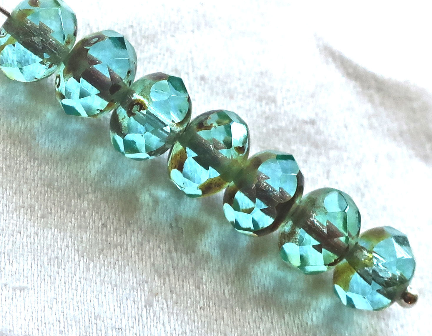 25 faceted Czech glass puffy rondelle beads, 8 x 6mm transparent aqua blue green picasso rondelles on sale 00201 - Glorious Glass Beads