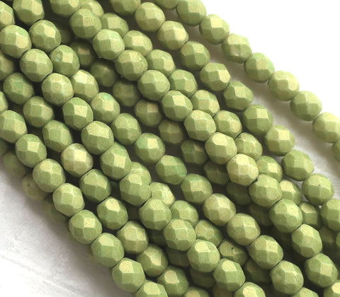 Lot of 25 6mm Opaque Pacifica Avocado green Czech glass beads, firepolished, faceted round beads, C8625 - Glorious Glass Beads