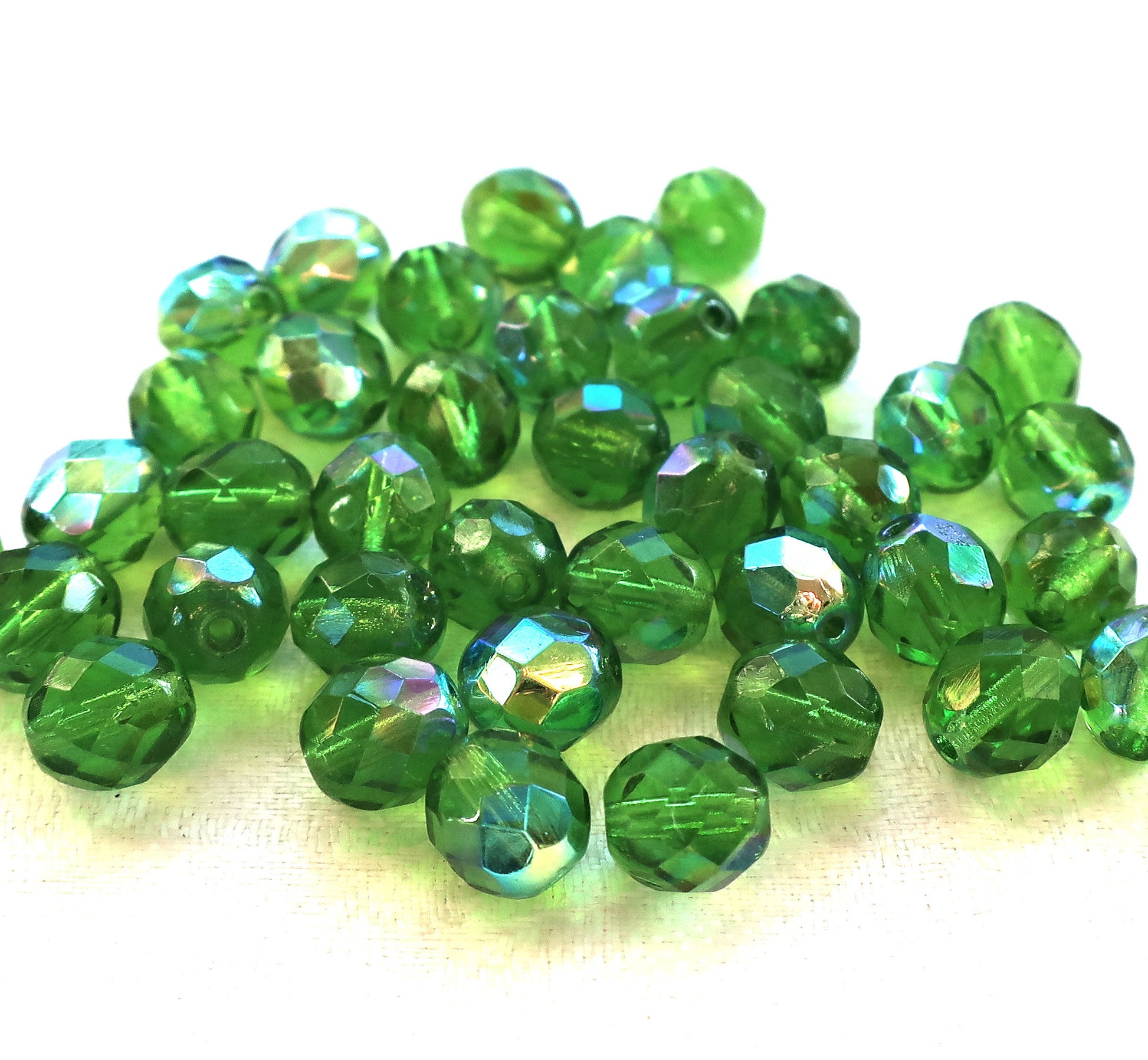 Lot of 25 8mm Peridot Green AB, faceted round firepolished glass beads C1625 - Glorious Glass Beads