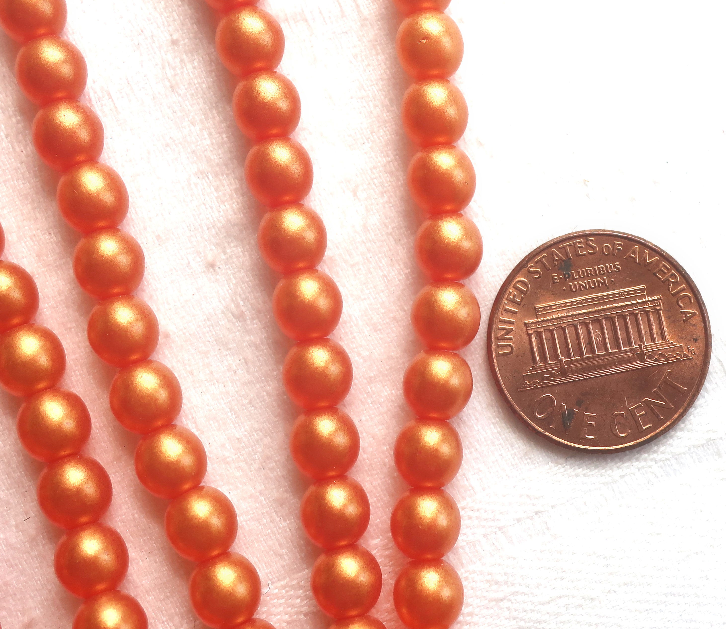 50 6mm Czech glass beads, Sueded Gold Lame Hyacinth, bright orangem tangerine, smooth round druk beads C4950 - Glorious Glass Beads