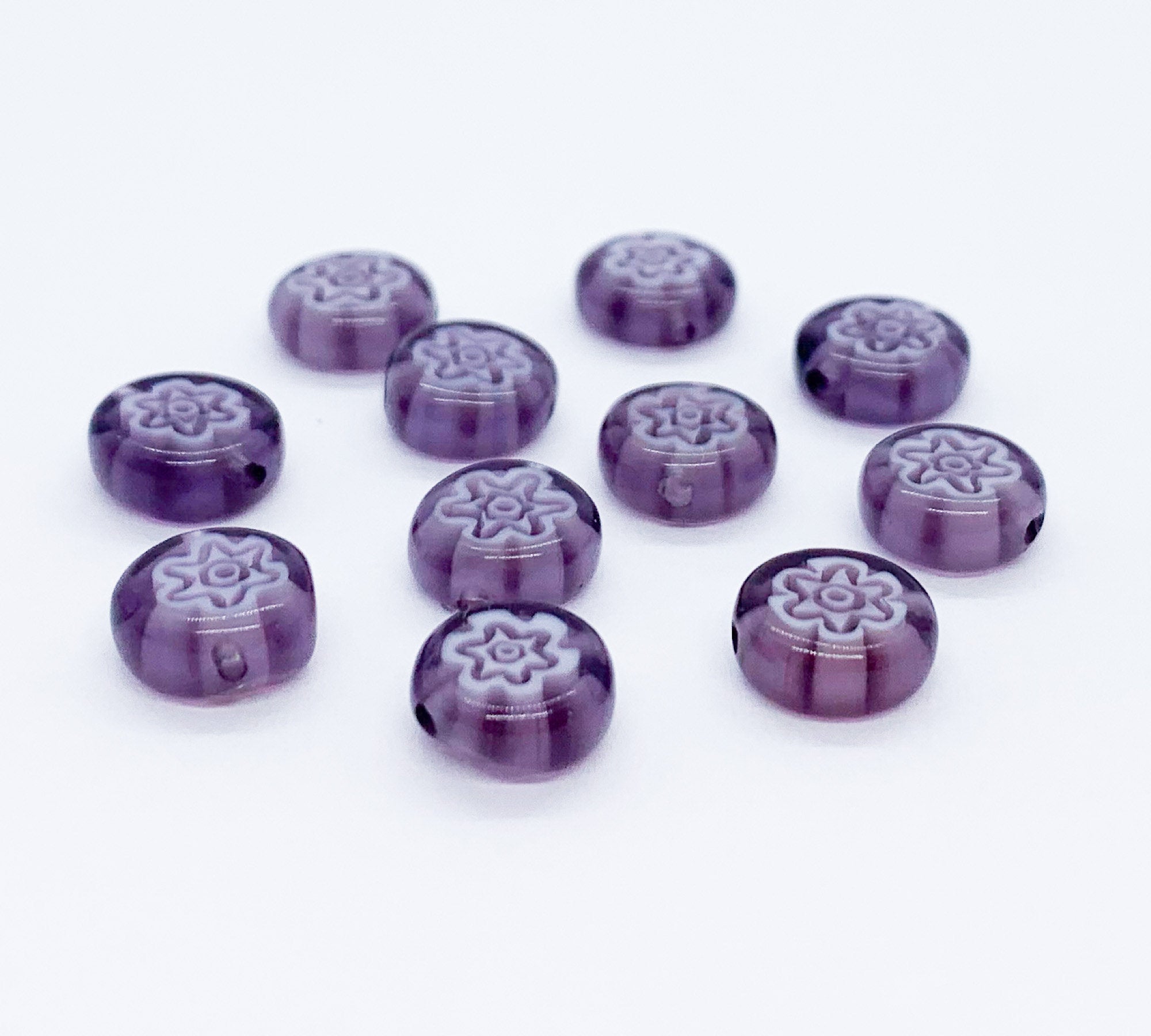 Ten 8mm cane or millefiori glass beads - amethyst purple and white coin or disc beads - C0008