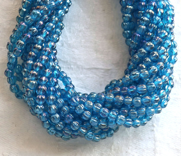 Lot of 100 3mm Czech glass melon beads, Luster Iris Capri Blue pressed glass beads C53150