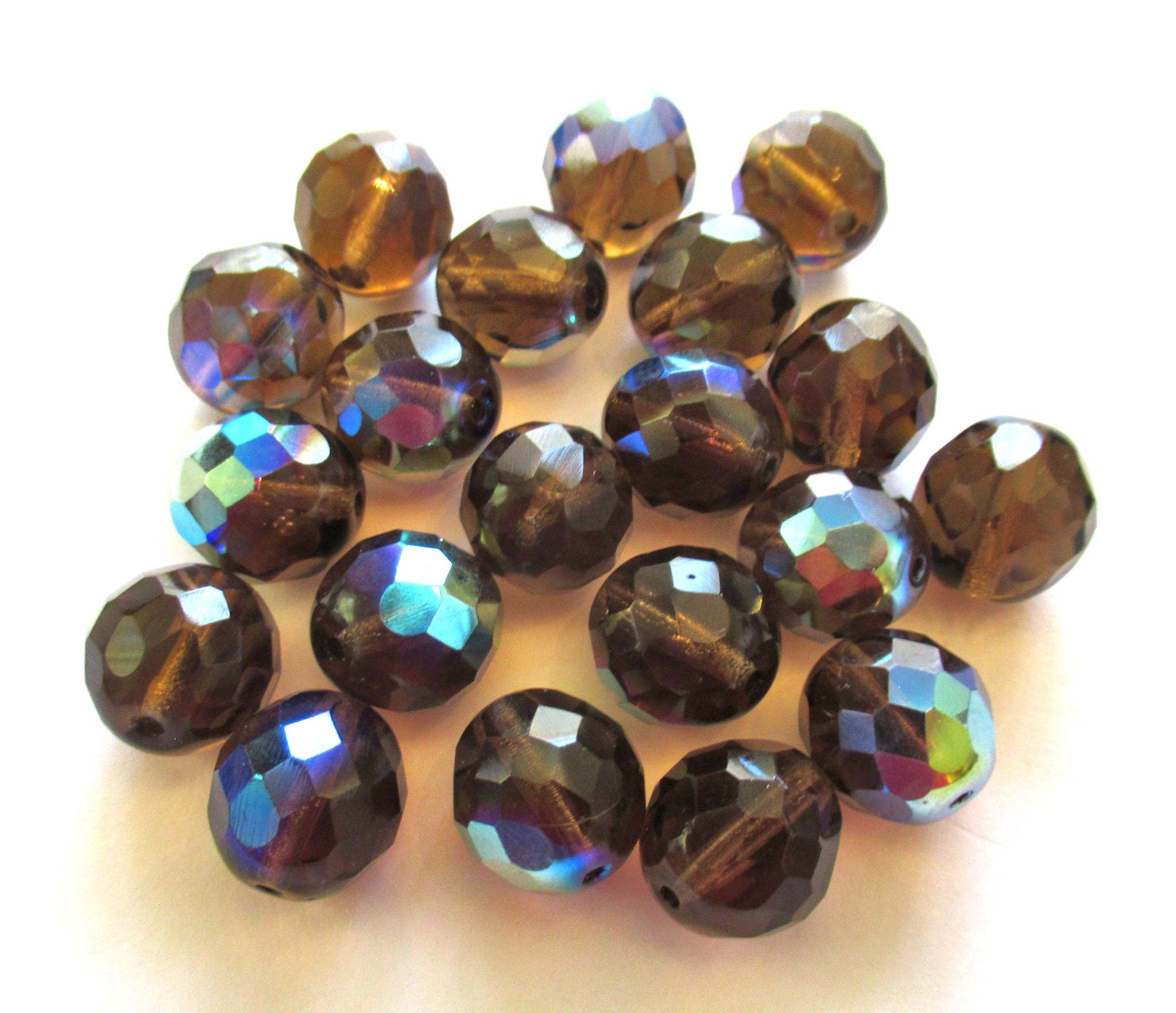 Ten Czech glass fire polished faceted round beads - 12mm smoky topaz brown ab beads C0089