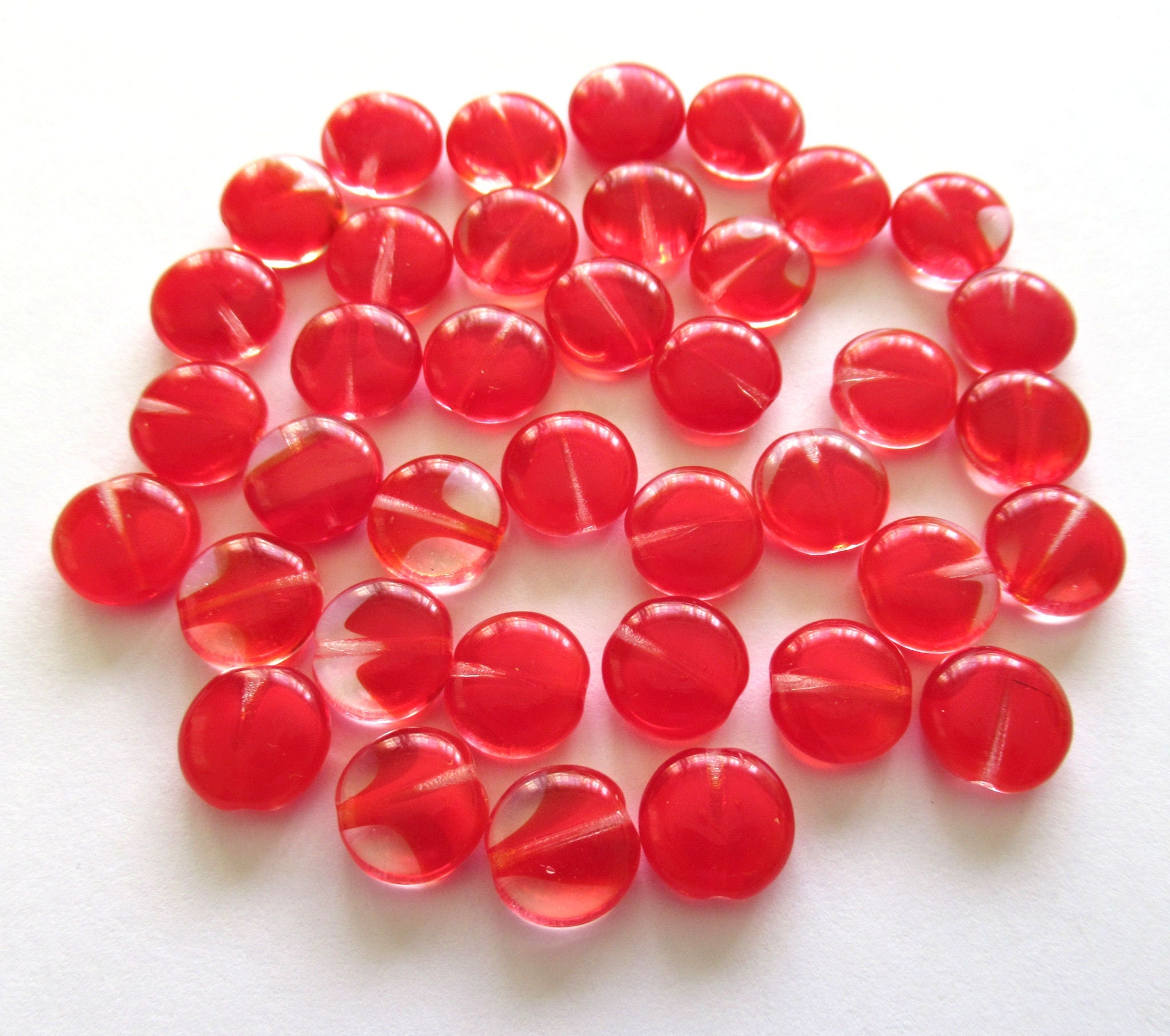 20 Czech glass coin beads - 10mm red & crystal mix disc beads C0038
