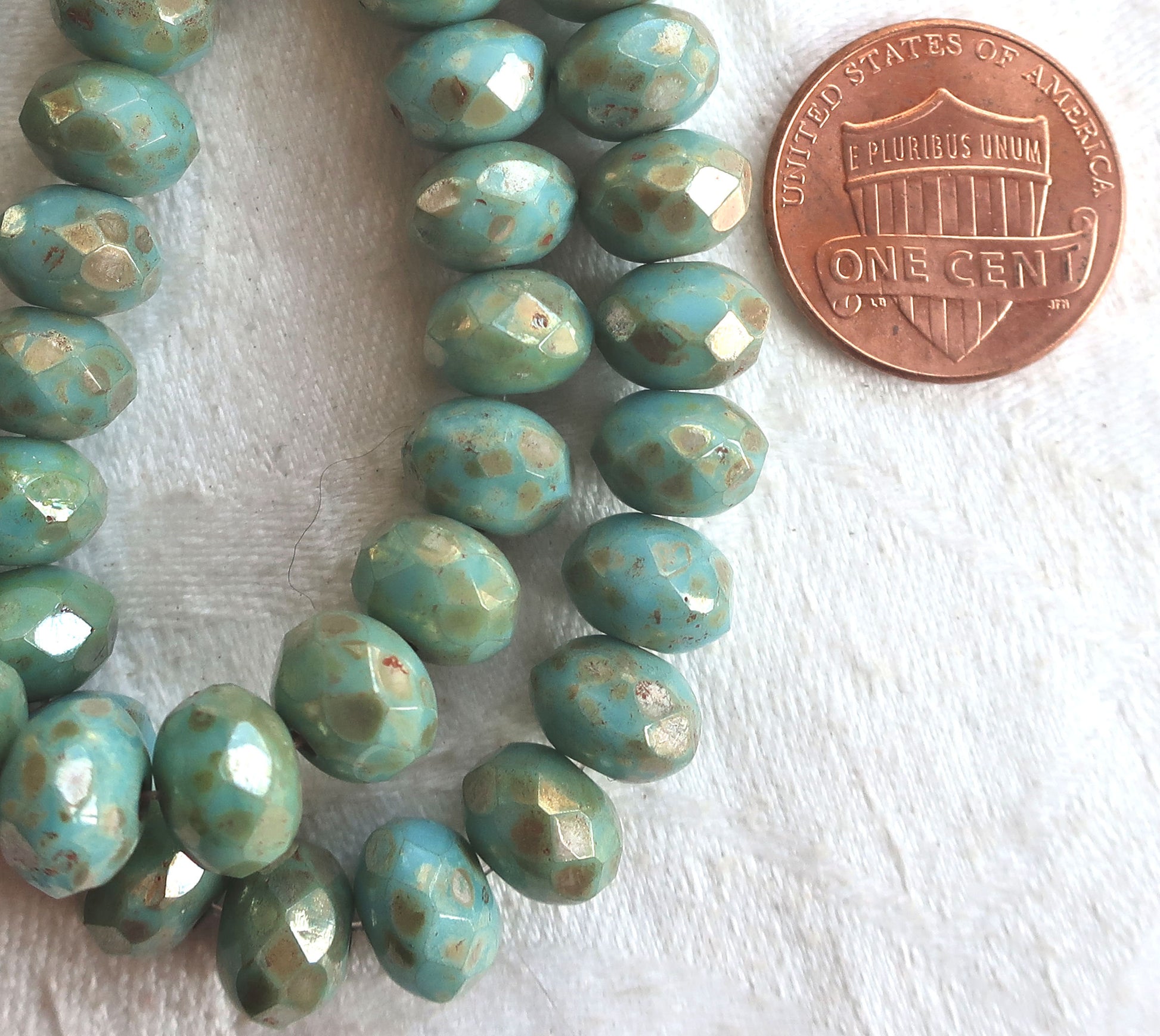 25 Opaque sky blue Picasso puffy rondelles beads, 6 x 8mm rustic. earthy, faceted Czech glass rondelles C07201 - Glorious Glass Beads
