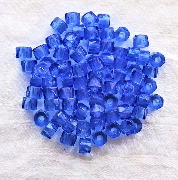50 6mm Czech transparent medium sapphire blue, faceted pony, roller beads, large hole fire polished crow beads, C52150