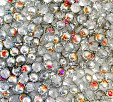 Lot of 50 6mm Czech glass druks, rainbow half silver Marea smooth round druk beads C0003