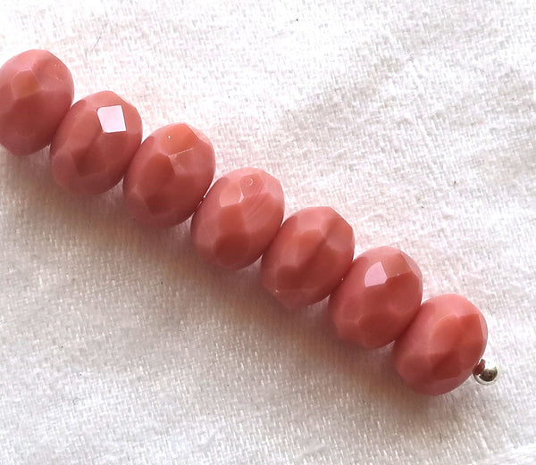 25 Czech glass faceted puffy rondelle beads, 6 x 8mm opaque silky salmon pink rondelles on sale 57101 - Glorious Glass Beads