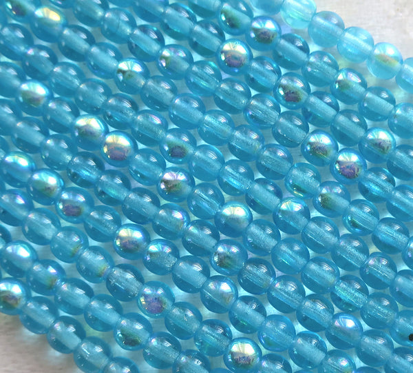 Lot of 100 4mm Czech Aquamarine, Aqua AB Czech glass druks, smooth round druk beads C7601