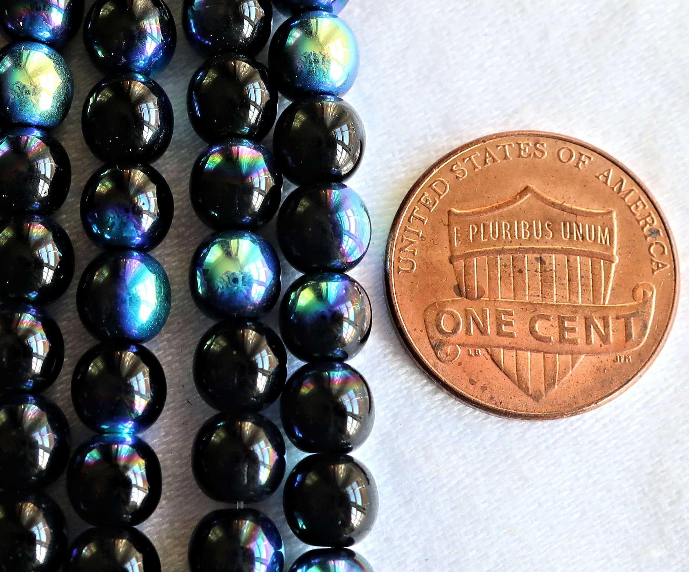 Lot of 50 Czech glass druks - 6mm Jet Black AB - smooth round druk beads,C8850 - Glorious Glass Beads