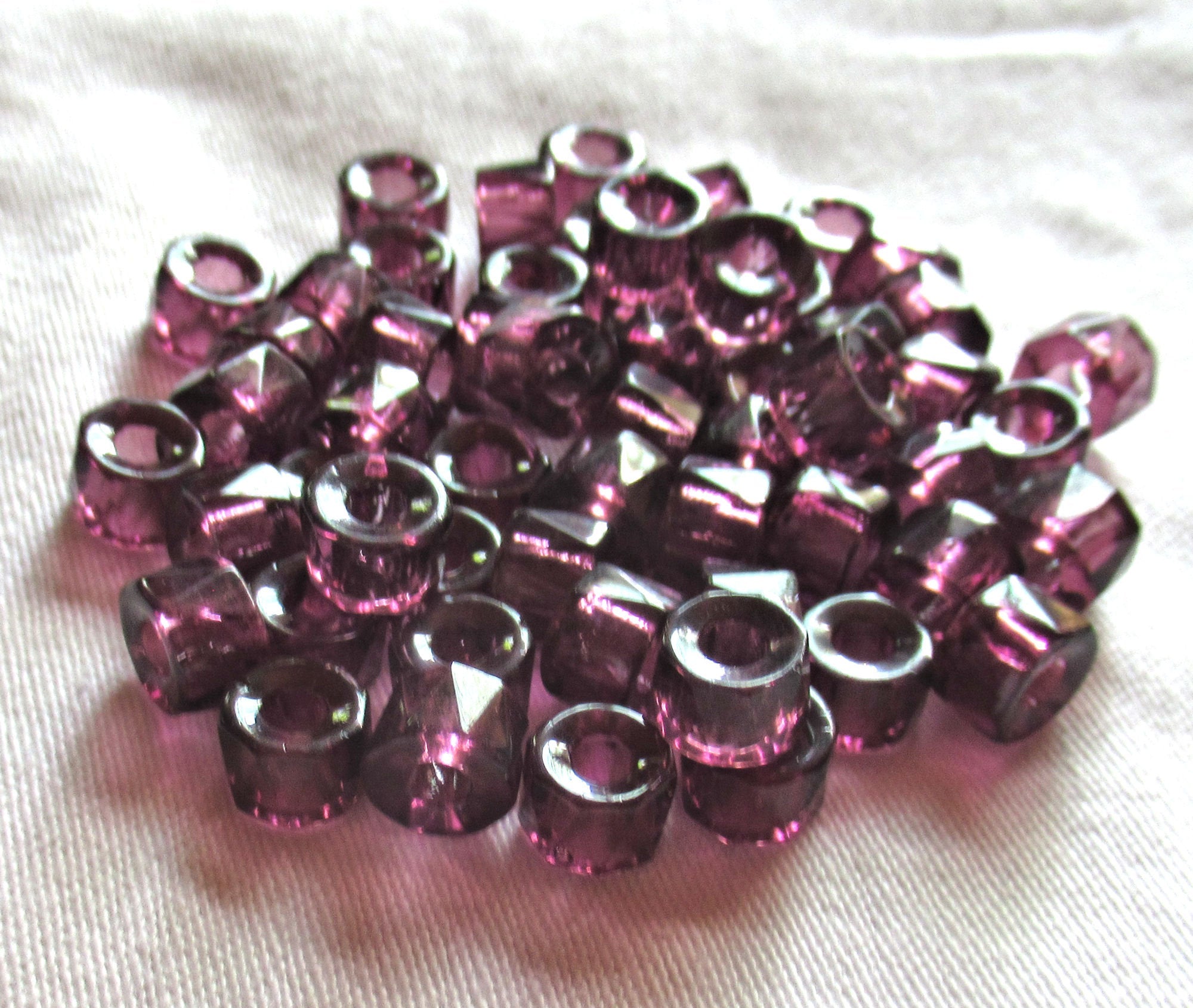 Lot of 25 9mm faceted Czech glass pony beads - amethyst crow, roller beads - large hole purple faceted fire polished beads