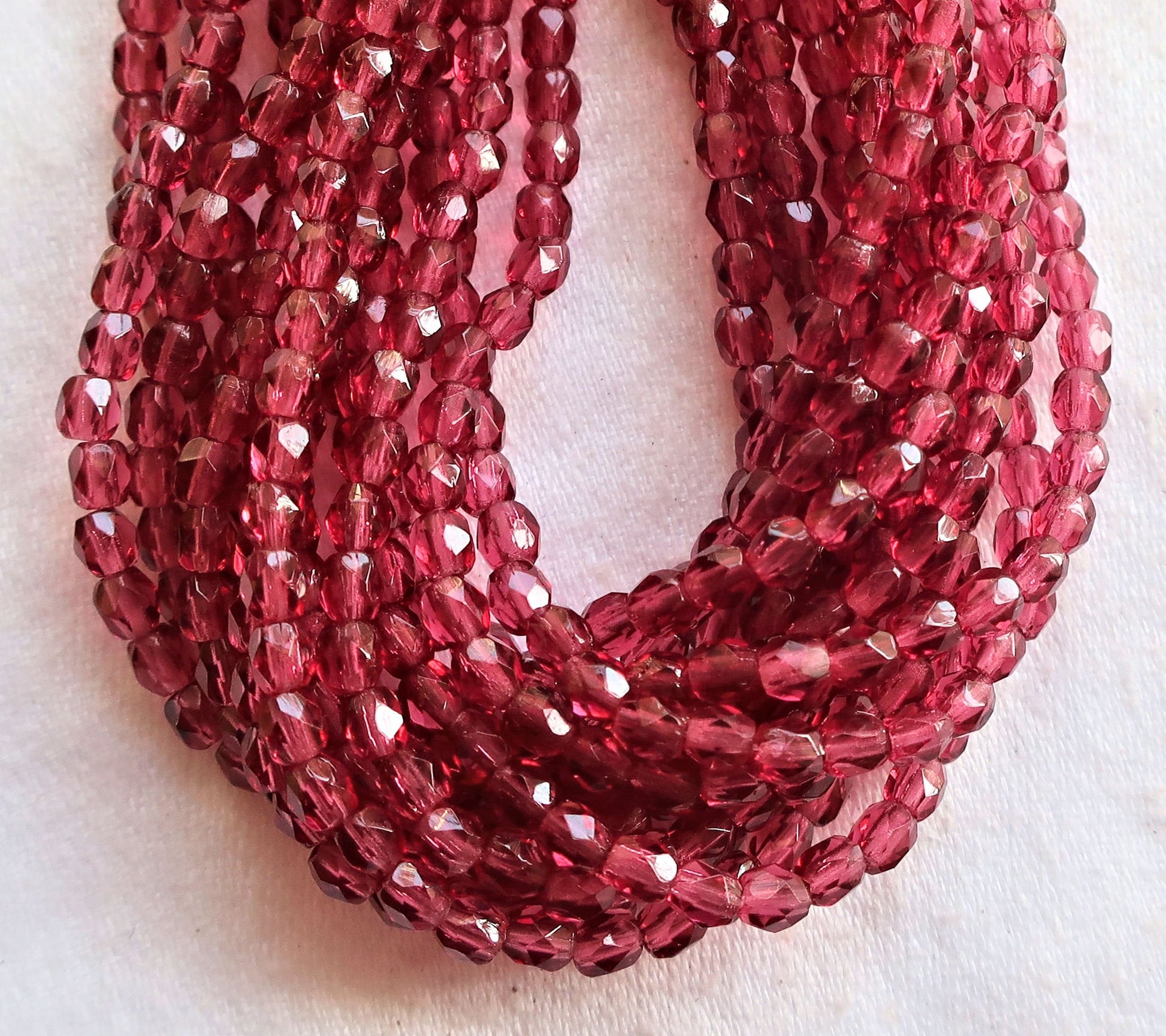 Lot of 50 3mm Fuchsia Czech glass beads -pink firepolished, faceted round beads, C6650 - Glorious Glass Beads