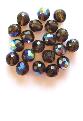 Ten Czech glass fire polished faceted round beads - 12mm smoky topaz brown ab beads C0089