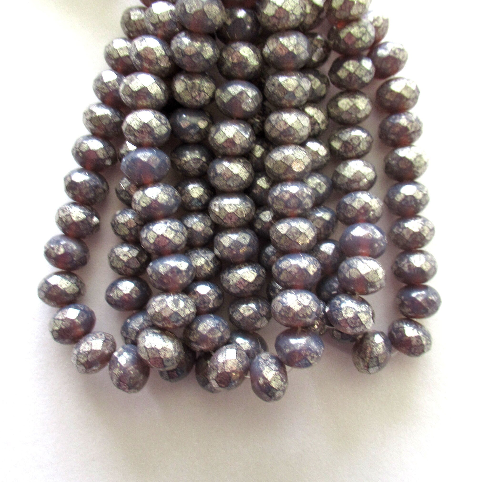 25 Czech glass faceted puffy rondelle beads - 5 x 7mm amethyst purple opal with an antique silver finish rondelles C00031