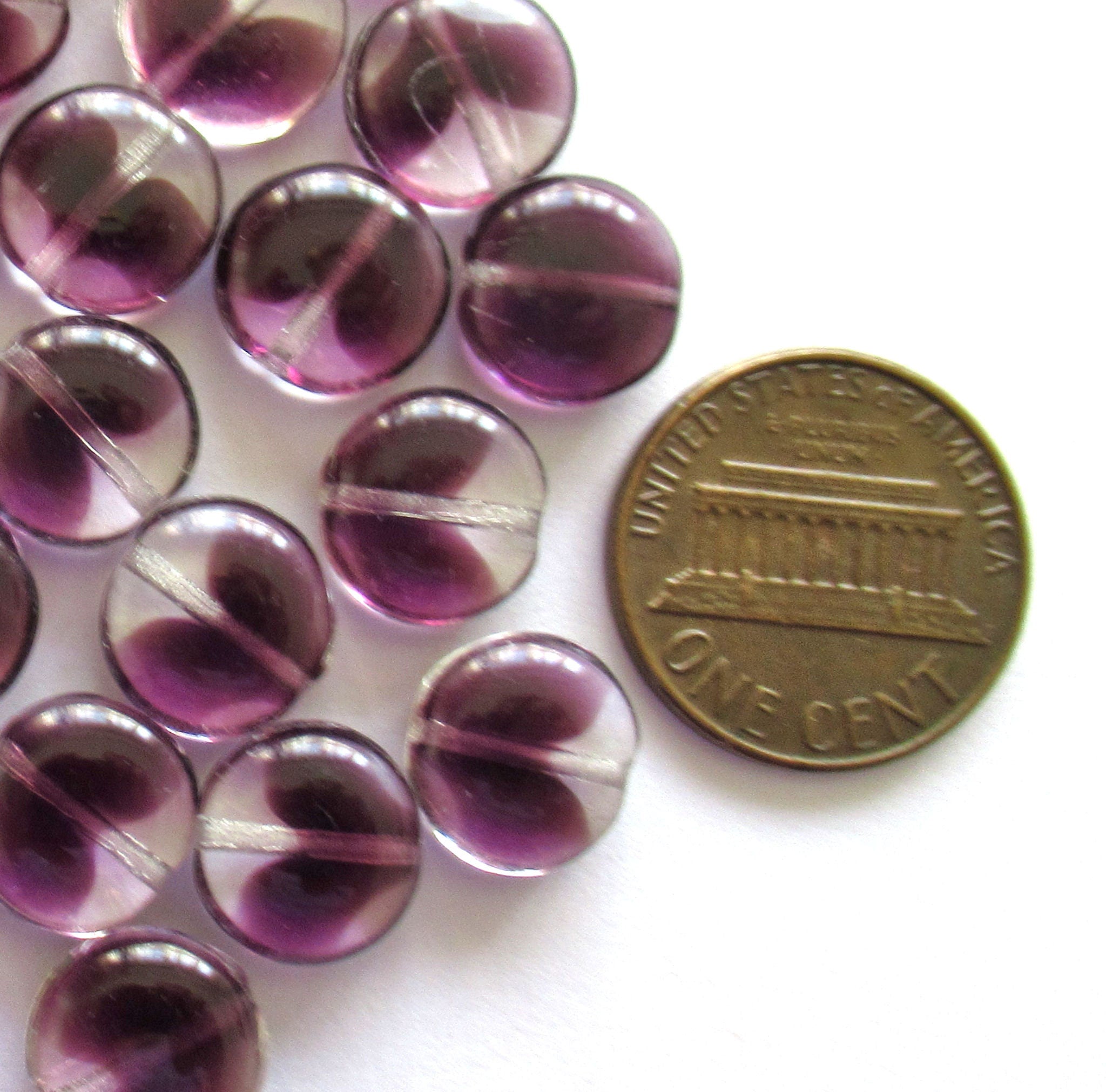 20 Czech glass coin beads - 10mm amethyst purple & crystal disc beads C0038