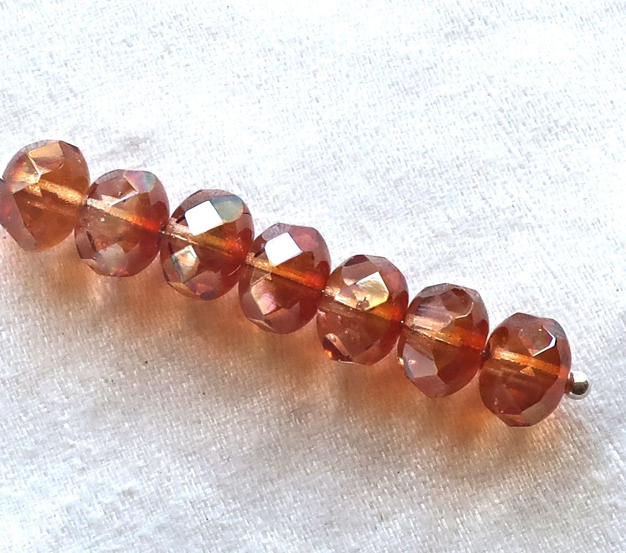 25 Czech glass puffy rondelles, 6 x 8mm transparent pink / apricot AB color mix, faceted puffy rondelle beads, sale price 50101 - Glorious Glass Beads