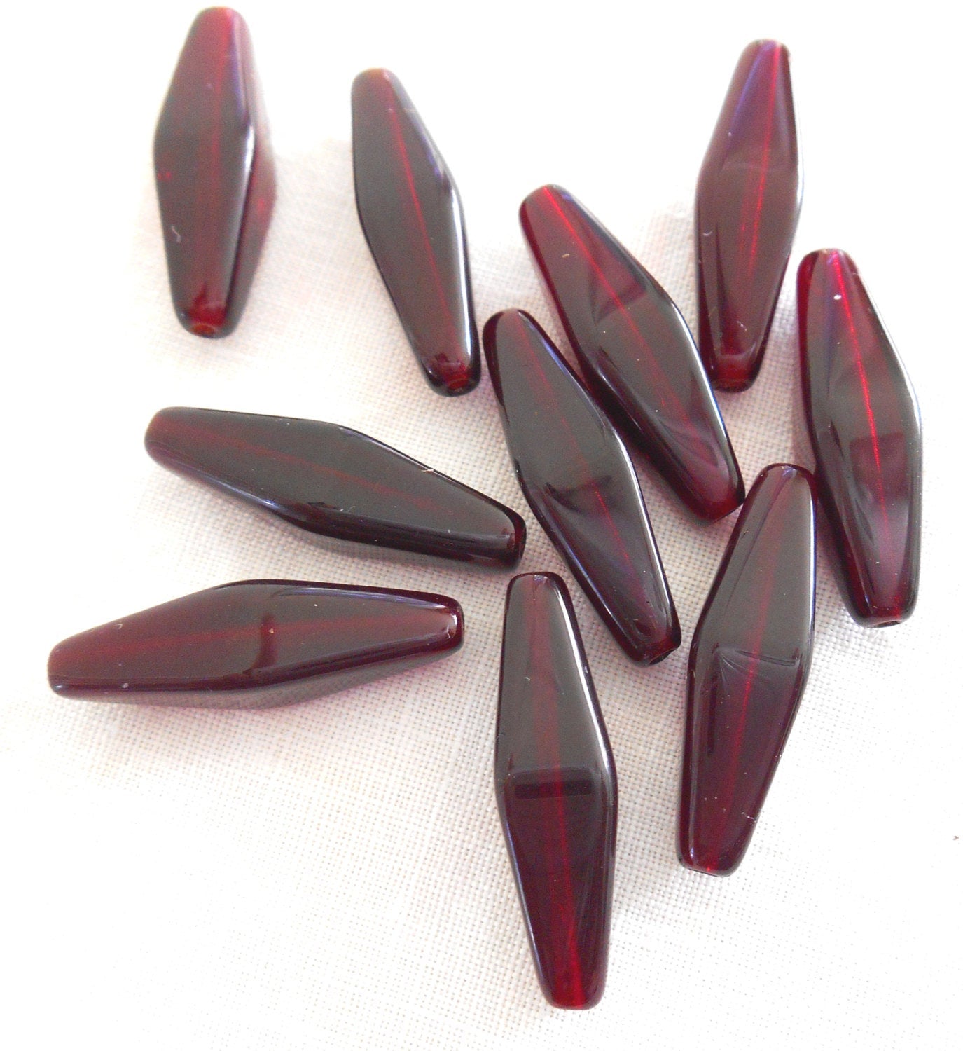 10 24 x 9mm garnet, ruby red glass long lantern or tube beads C4210