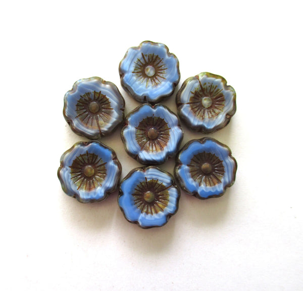 Two large 22mm Czech glass flower beads - Table cut carved silky marbled blue picasso beads - Hawaiian hibiscus focal flower beads - 00881