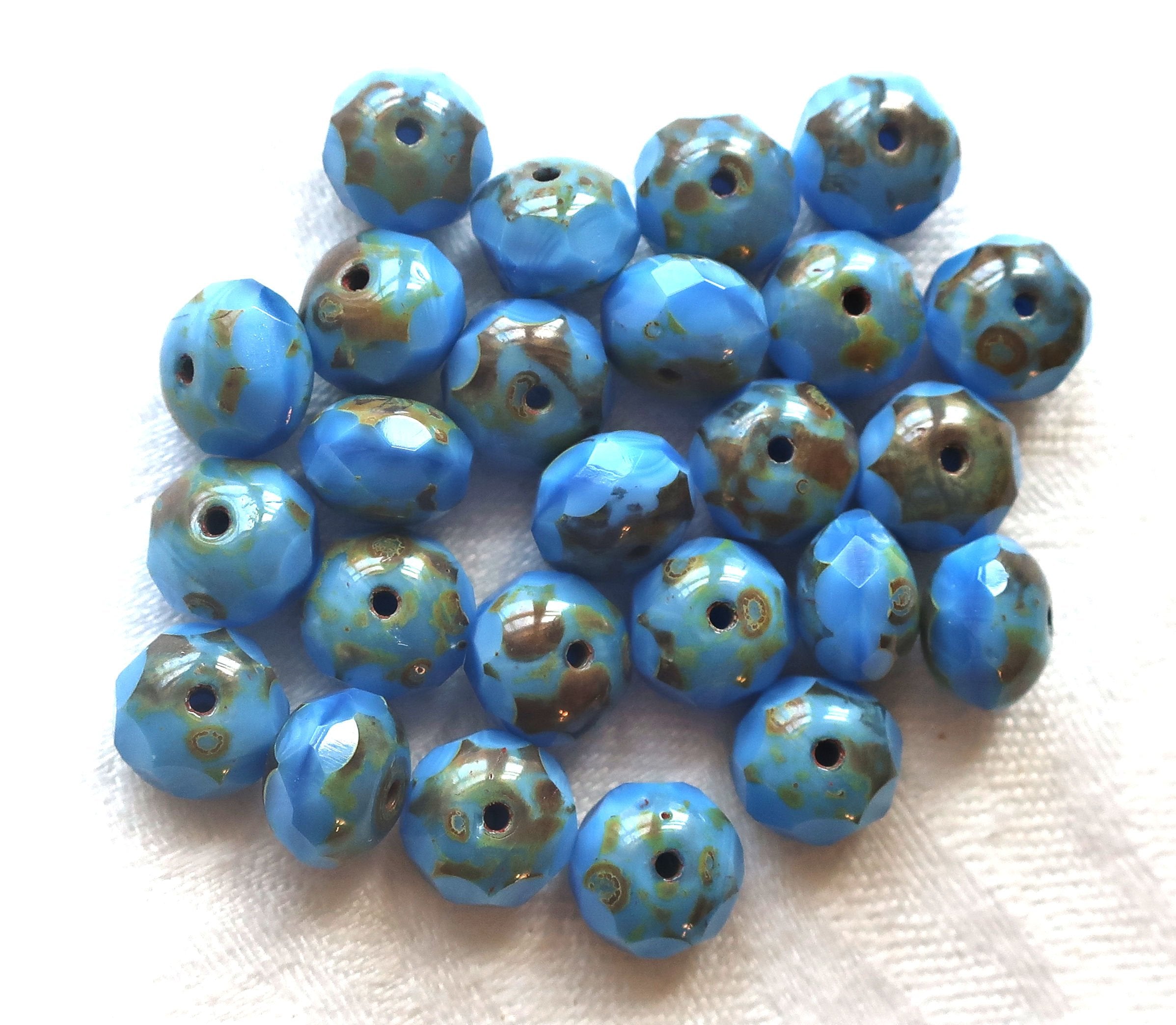 25 Czech glass faceted puffy rondelle beads, 6 x 8mm opaque silky sky blue picasso rondelles on sale 55101 - Glorious Glass Beads