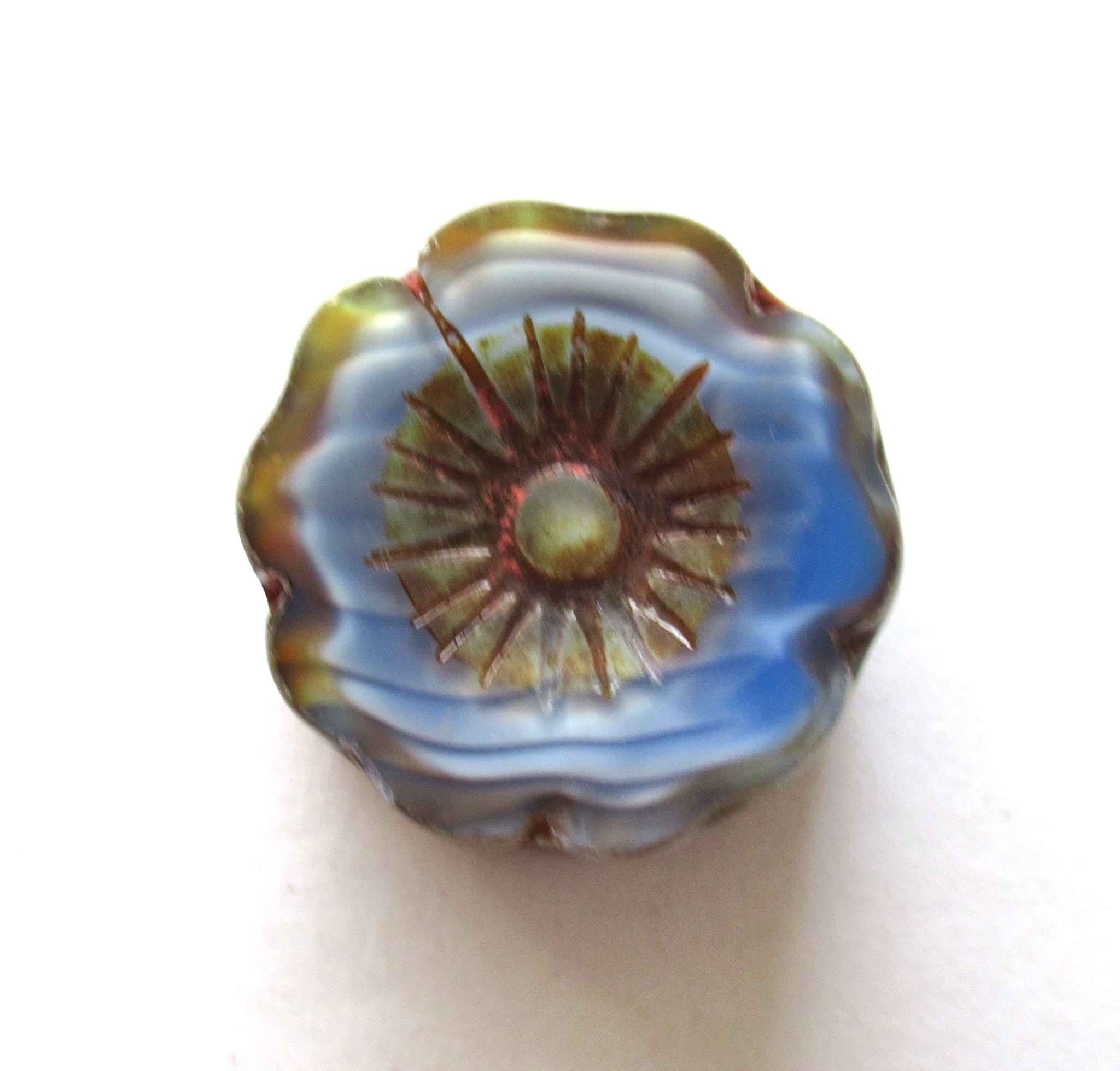 Two large 22mm Czech glass flower beads - Table cut carved silky marbled blue picasso beads - Hawaiian hibiscus focal flower beads - 00881