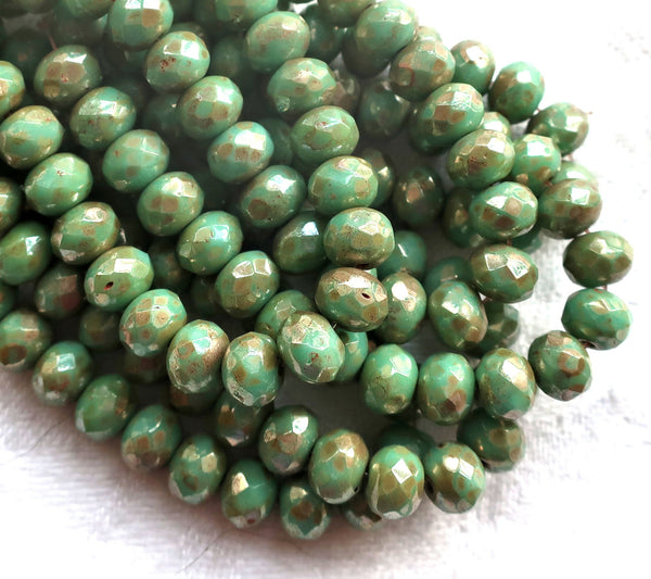 Lot of 25 Czech glass puffy rondelles - Opaque Light Turquoise Green Bronze Picasso faceted rondelle or donut beads - 5 x 7mm C00201