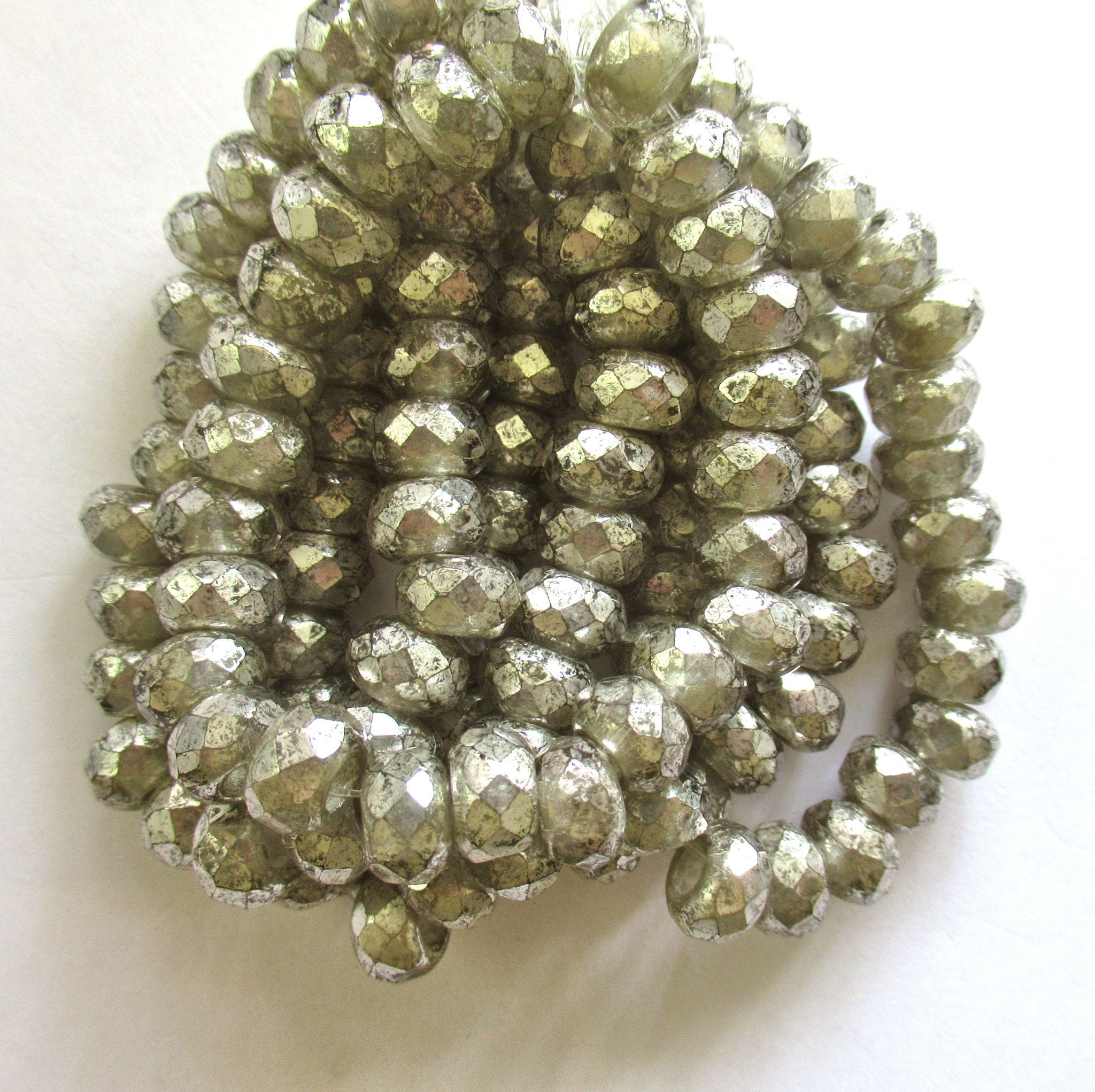 Ten Czech glass roller beads - 6 x 9mm rustic, earthy antique silver, faceted roller , rondelle , big 3.5mm hole beads C0099