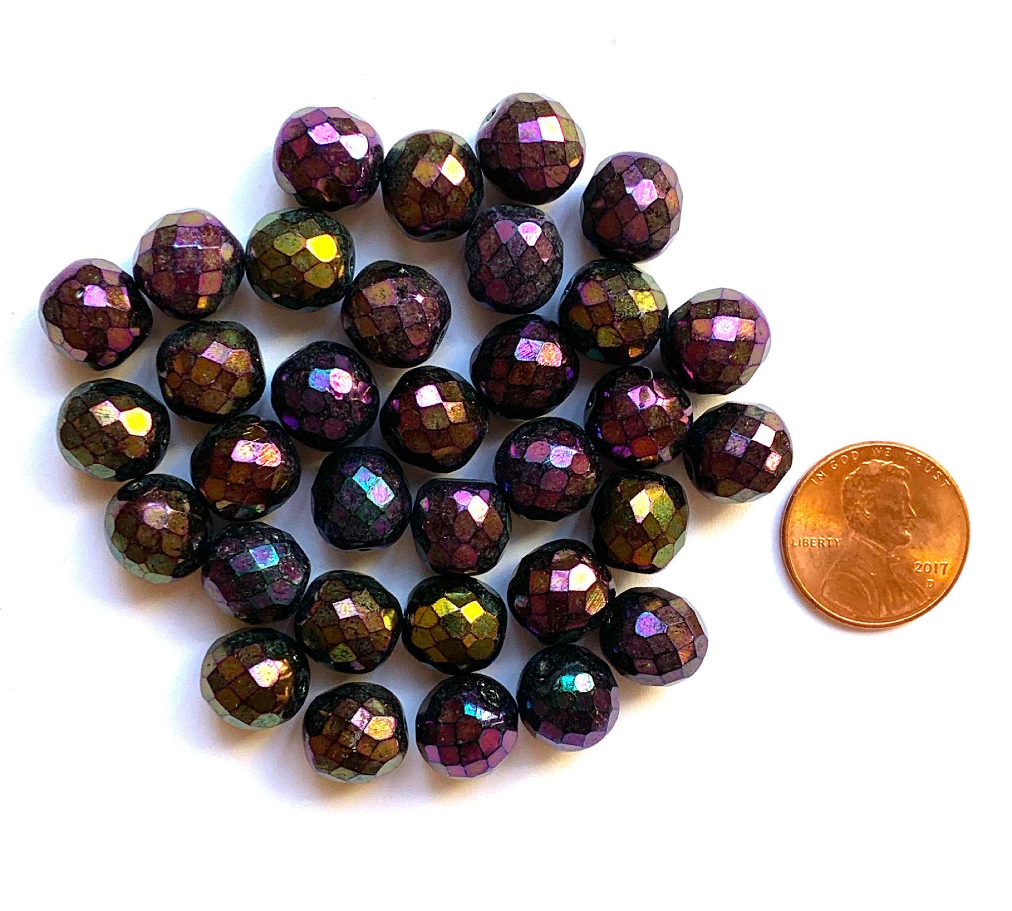Twenty Czech glass fire polished faceted round beads - 10mm purple iris beads C0097