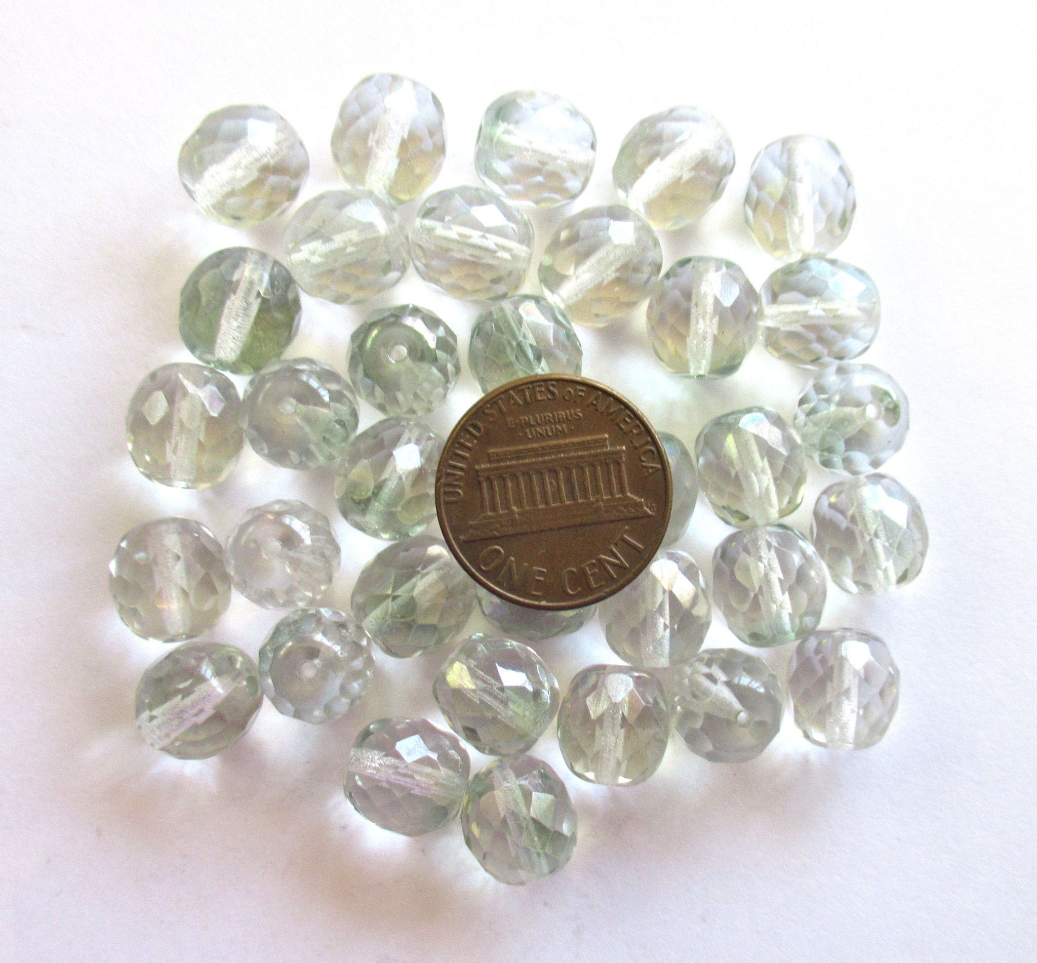 Twenty Czech glass fire polished faceted round beads - 10mm crystal clear and light mint green mix beads C0086