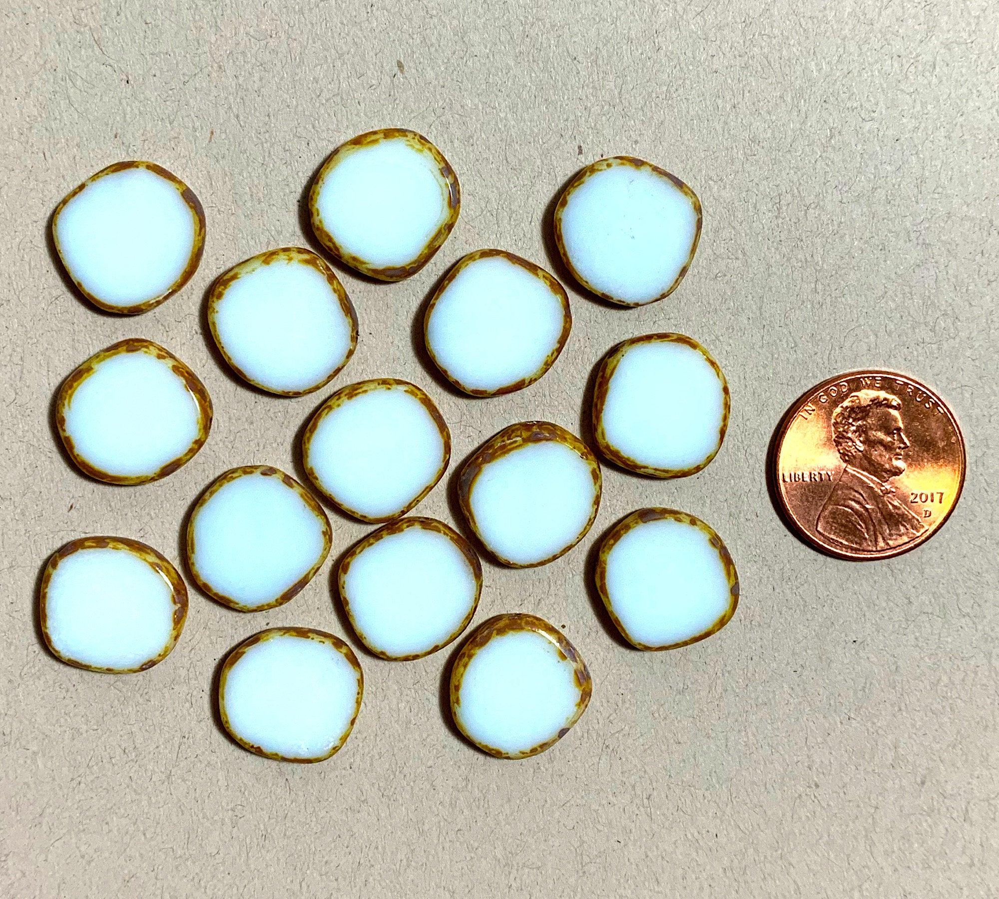 Six 15mm Czech glass asymmetrical coin or disc beads -opaque white picasso table cut beads - C0231