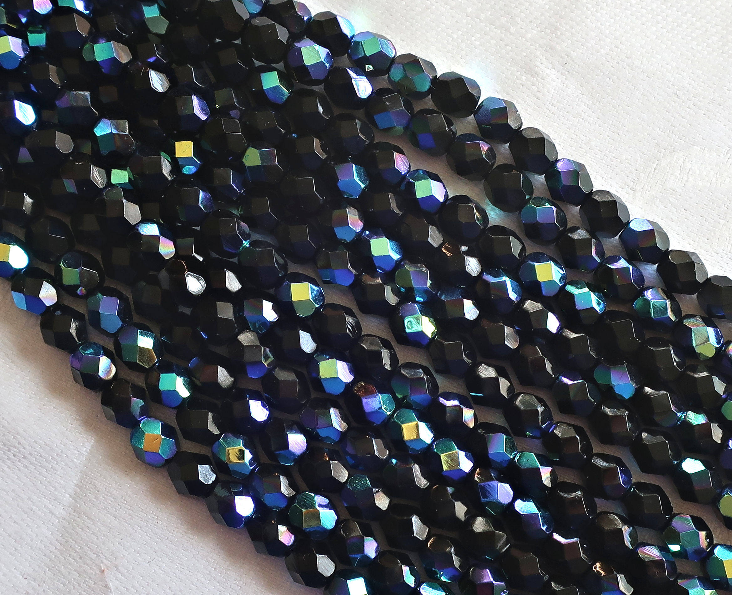 Lot of 25 6mm Jet black AB Czech glass beads, firepolished faceted round glass beads C0401 - Glorious Glass Beads