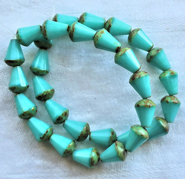 Lot of 15 8 x 6mm Czech glass teardrop beads - opaque turquoise blue silk w/ picasso - special cut, faceted, firepolished beads C05101