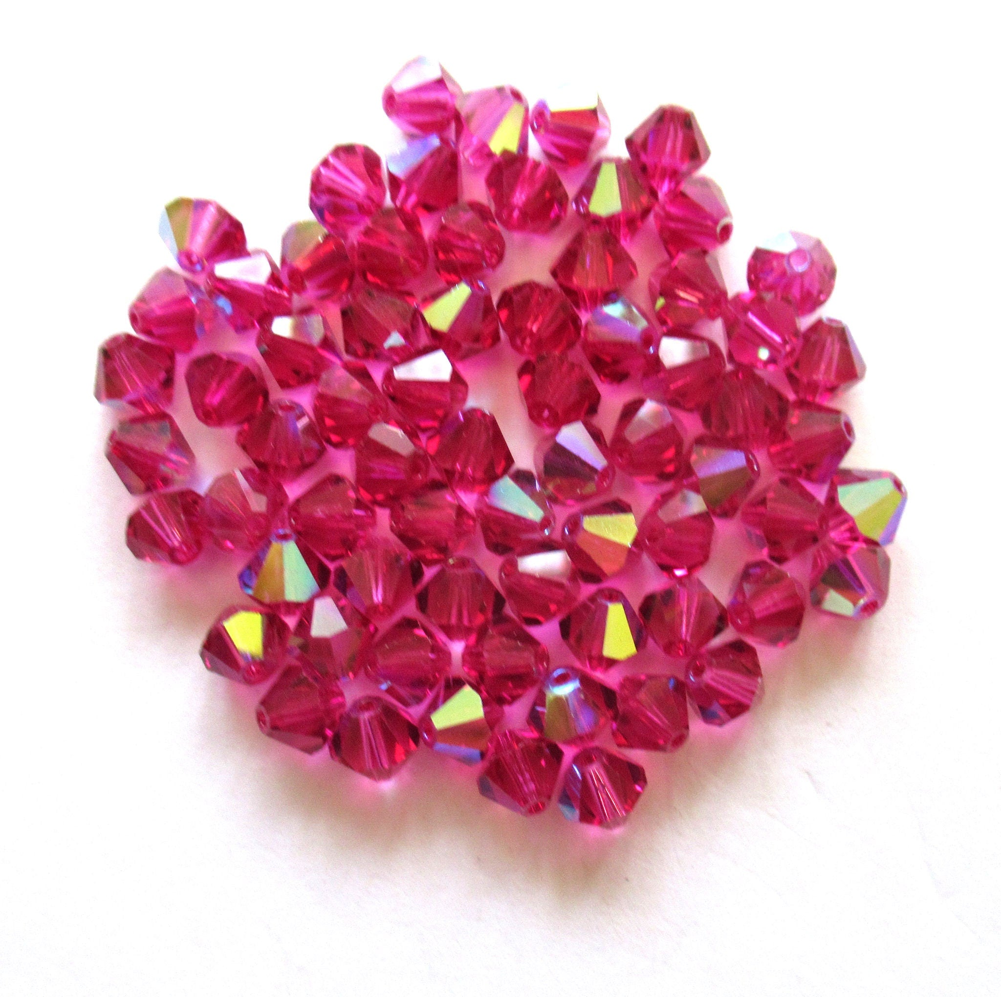 Lot of 24 6mm Czech glass Preciosa Crystal bicone beads - bright fuchsia pink AB - hot pink faceted glass bicones C00221