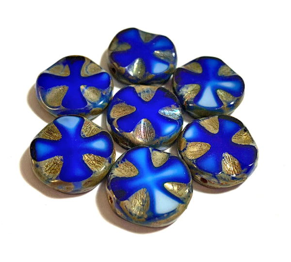 Six Czech glass beads, table-cut, carved, disc or coin beads, blue & white marbled Celtic, Iron cross with a gold picasso finish C0911