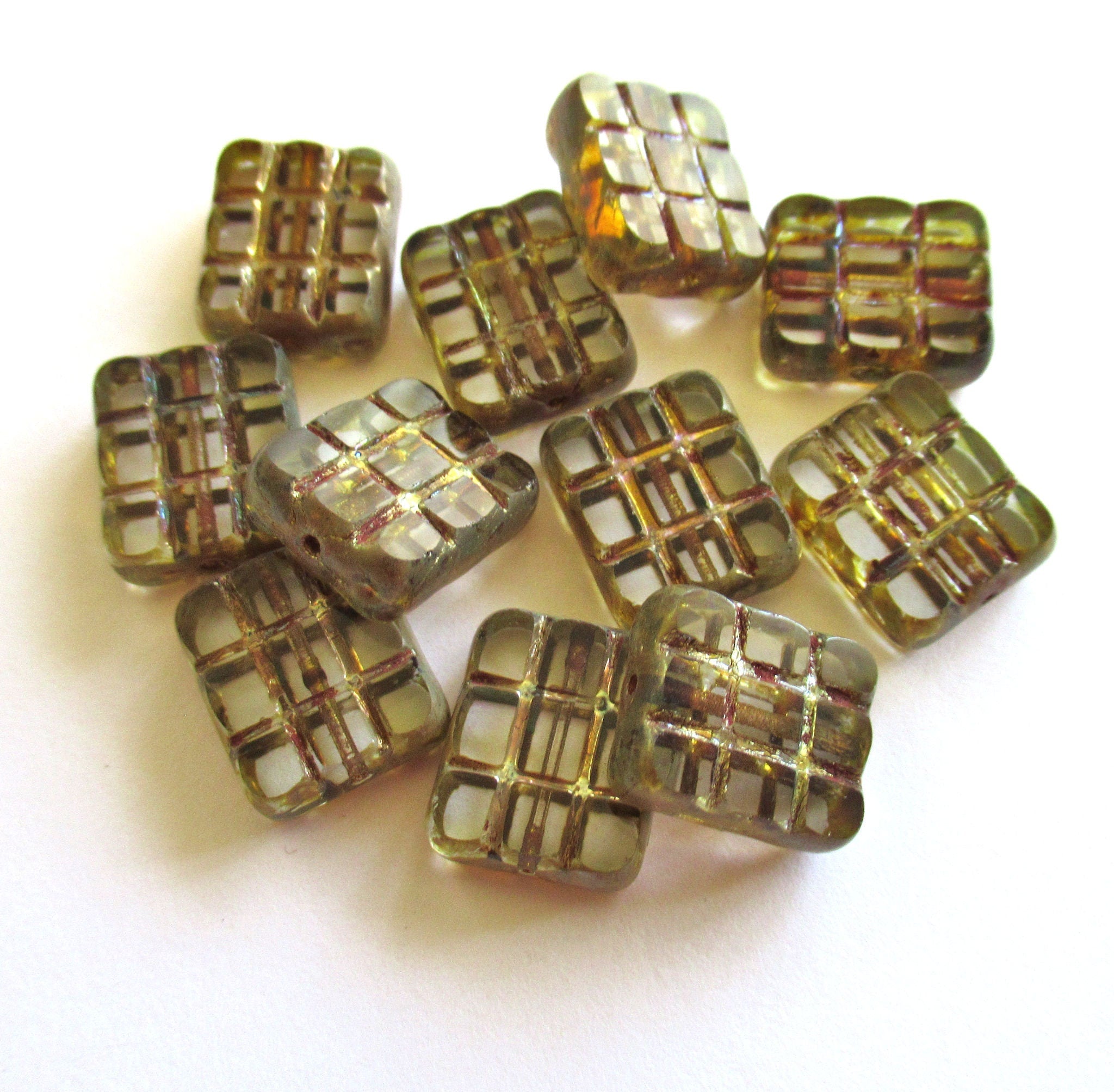 Five large 15 x 13mm Czech glass square beads - table cut crystal clear picasso rectangular carved rectangle beads - 00311
