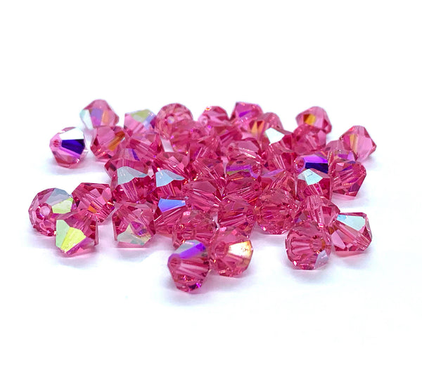 Lot of 24 6mm rose pink AB Czech Preciosa Crystal bicone beads - faceted glass bicones C0221