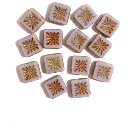 Ten 10mm x 10mm square opaque very light matte purple carved, table cut, Czech glass beads with picasso finish, front and back carved C0001