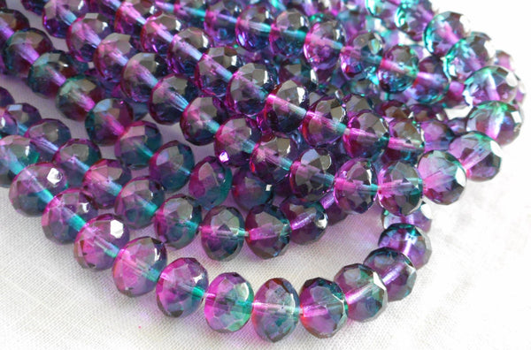25 6 x 9mm Czech Rainbow Multicolored Pink, Purple, Blue, Green faceted puffy rondelle beads, Czech glass beads C30125