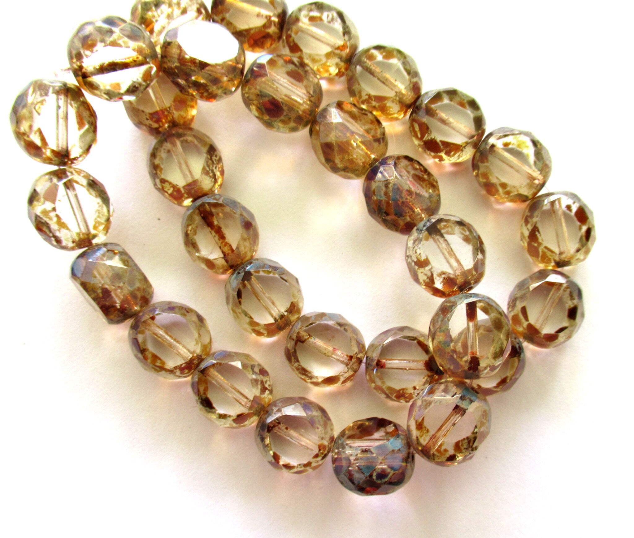 Six 12mm round dual faceted table cut Czech glass beads - crystal clear picasso 2 cut window beads - chunky statement beads 00131
