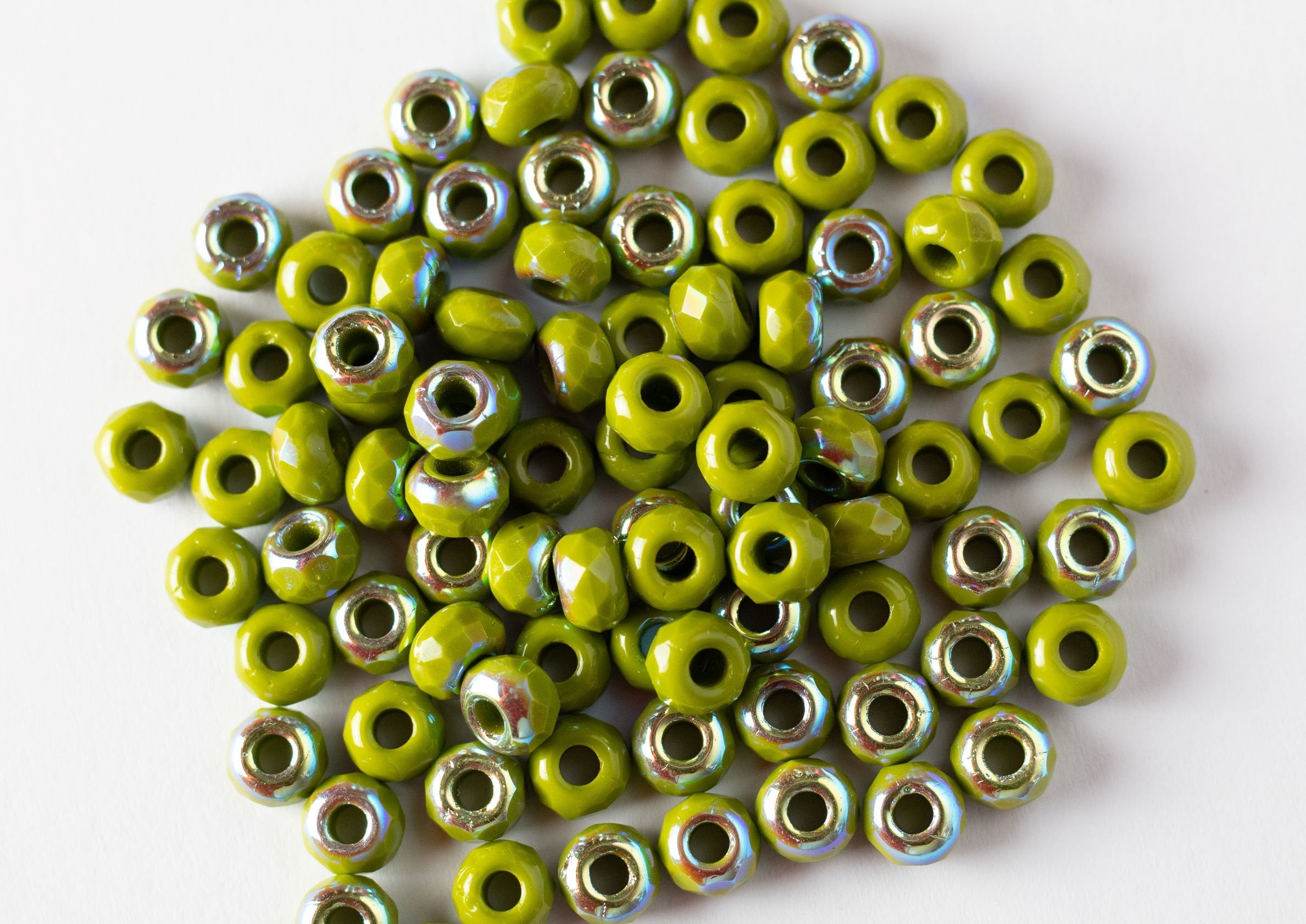 Ten Czech glass faceted rondelle beads - 6mm x 9mm opaque avocado green AB beads - big 3.38mm hole roller beads C0008