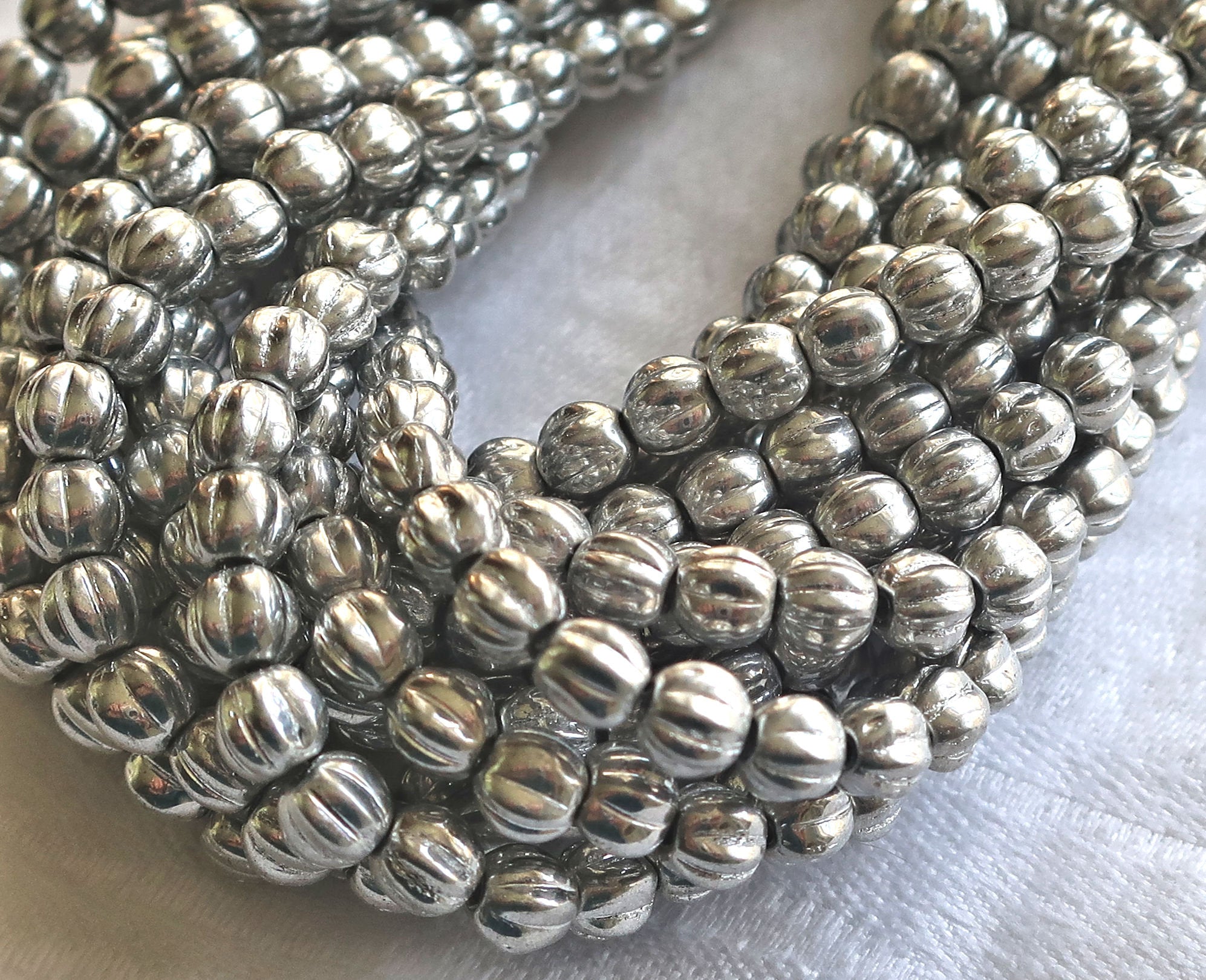 Fifty 5mm silver glass melon beads, Czech pressed glass beads C71150 - Glorious Glass Beads