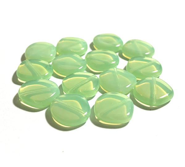 Ten 15mm Czech glass asymmetrical coin or disc beads - milky mint green opal beads - C0067
