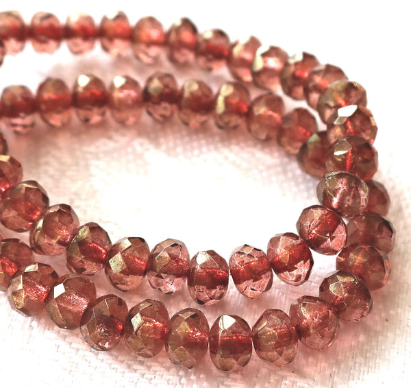 Lot of 30 small pink luster puffy rondelle beads, 3mm x 5mm faceted Czech glass rondelles 91101