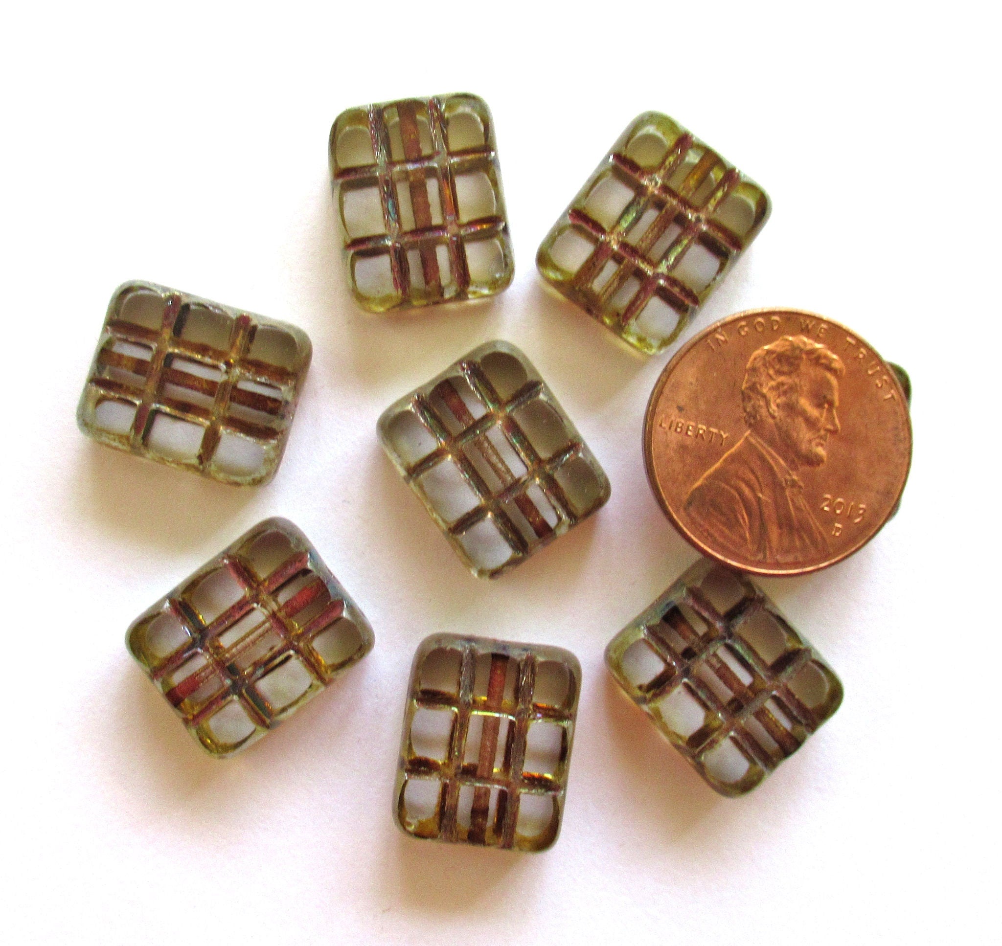 Five large 15 x 13mm Czech glass square beads - table cut crystal clear picasso rectangular carved rectangle beads - 00311
