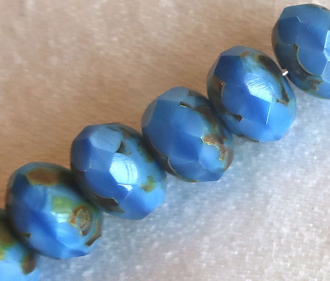 25 Czech glass faceted puffy rondelle beads, 6 x 8mm opaque silky sky blue picasso rondelles on sale 55101 - Glorious Glass Beads