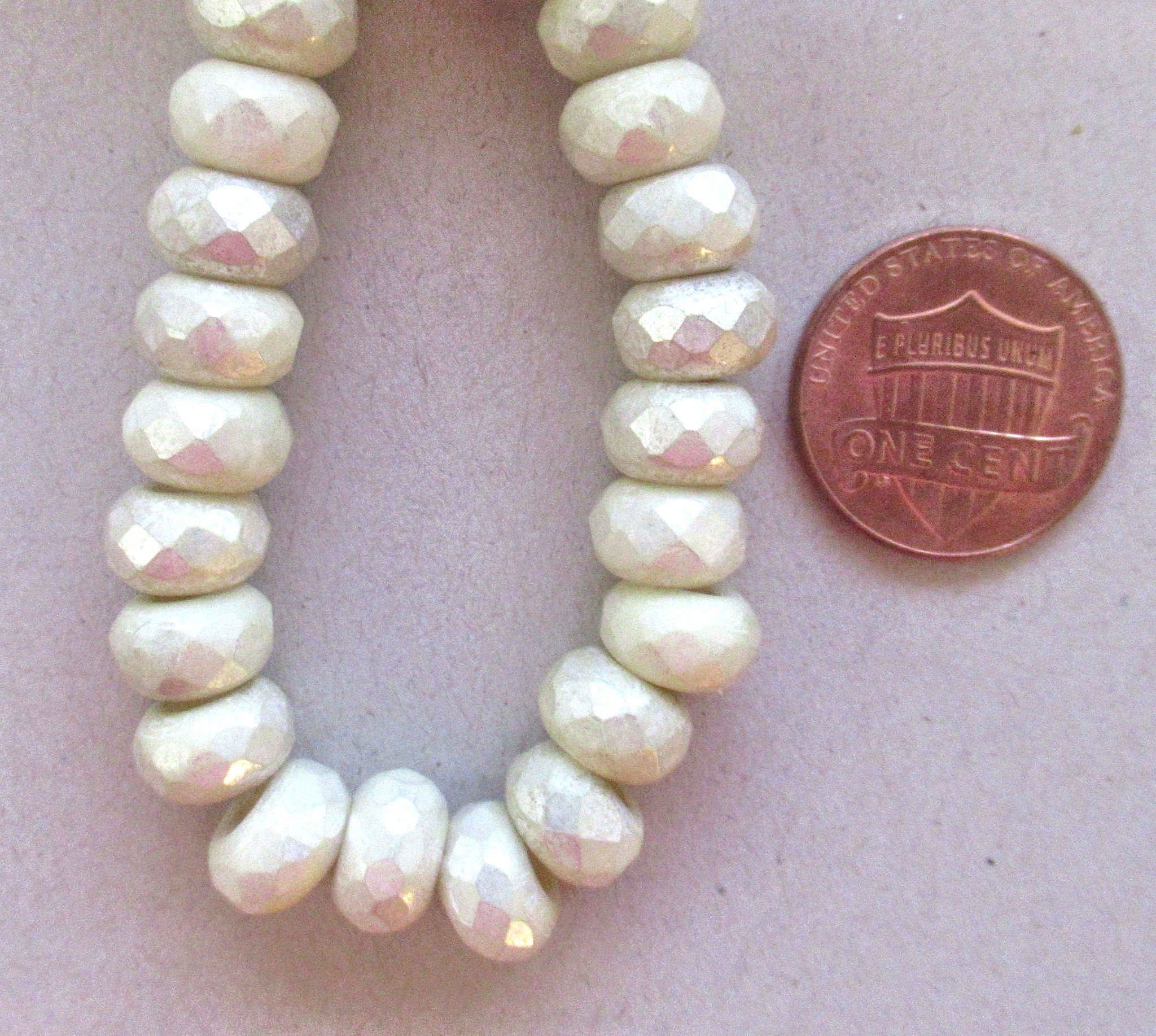 Ten Czech glass roller beads - 6 x 9mm off white or ecru w/ a silvery mercury finish faceted roller, rondelle, big 3.5mm hole beads C0099