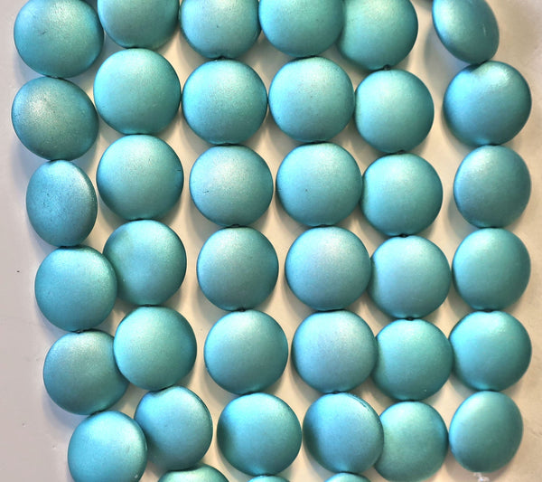 Lot of 8 Czech glass coin beads - 14mm puffy pillow beads - Satin Metallic Teal - Blue Green - C40101