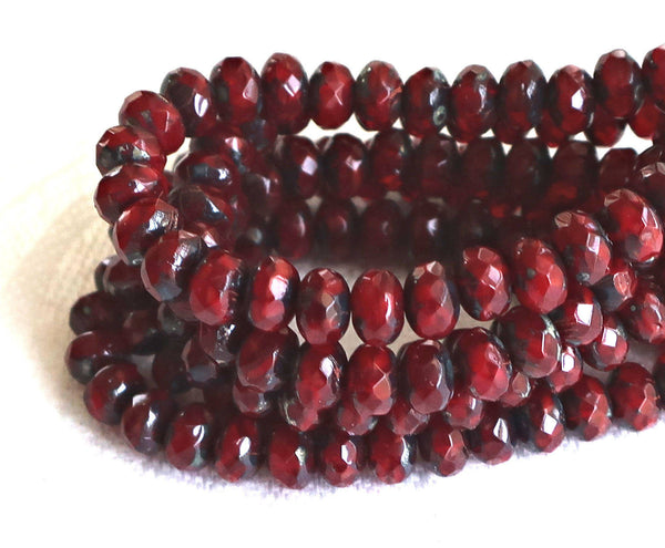 30 small, garnet red picasso puffy rondelle beads, 3mm x 5mm faceted Czech glass rondelles 51101