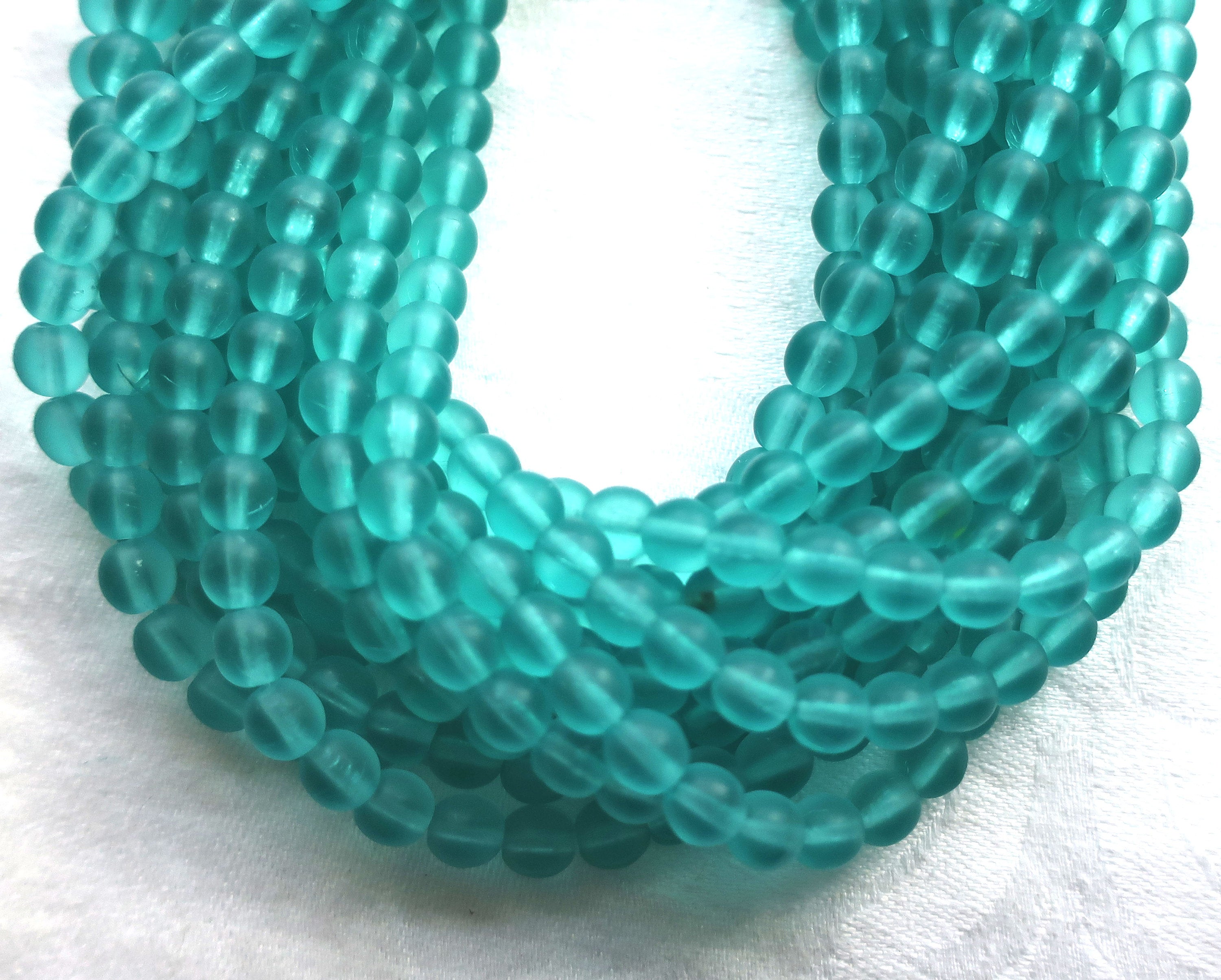 50 6mm transparent light teal, blue green, druks, matte Czech glass round druk beads, C1750