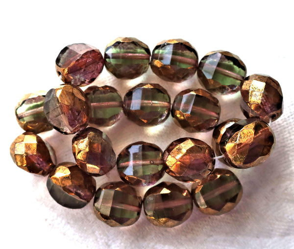 Five large chunky Olivine, Green & Purple, Czech glass beads, 12 x 13mm, firepolished, faceted, two way table cut, bronze finish C03301 - Glorious Glass Beads